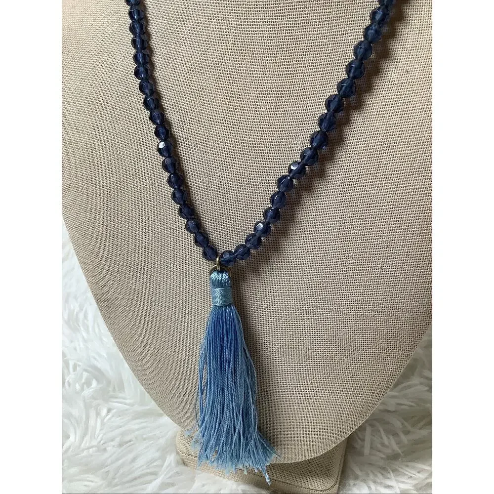 J.Crew Blue Beaded Dangling Blue Thread Tassel Pendant Necklace C32-11